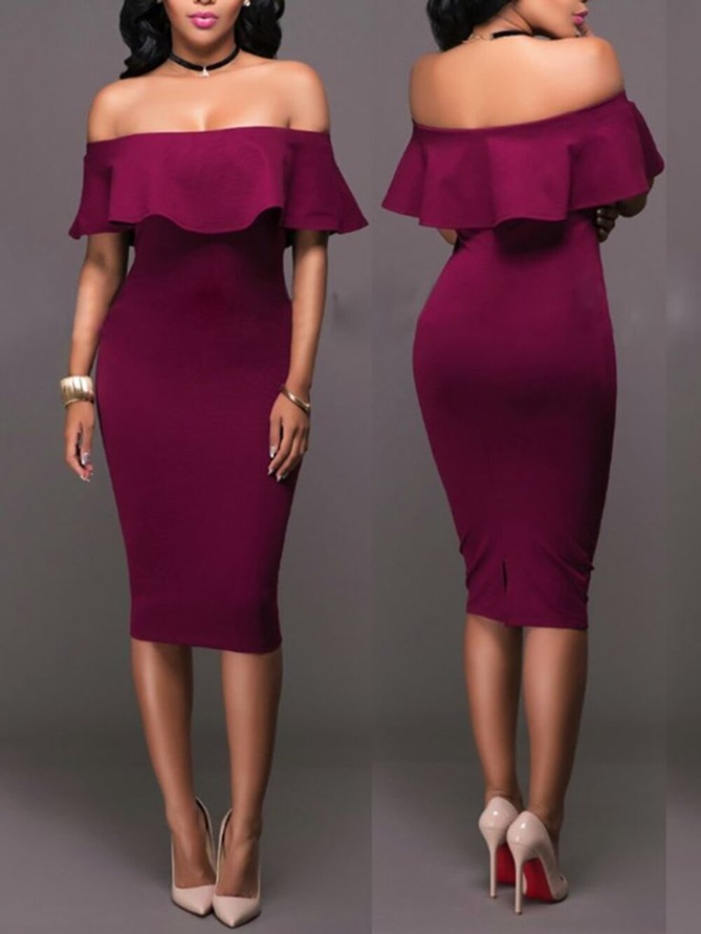 Off-the-Shoulder Ruffle Sheath Dress – Purple – NWT - Petite